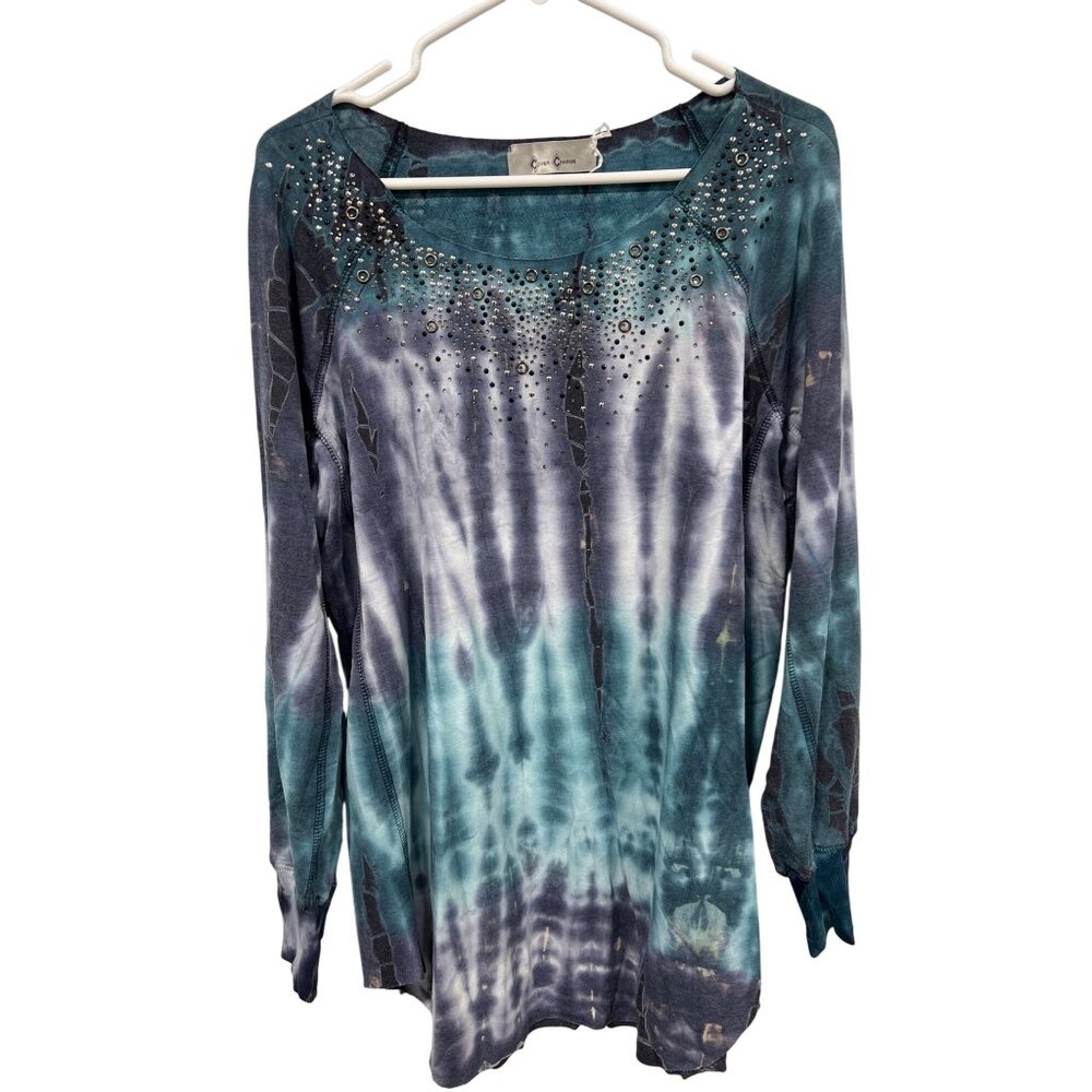 Cover Charge Studded Tie Dye Tunic Top Sz XL Long Sleeve Blue Gray Cozy Relaxed